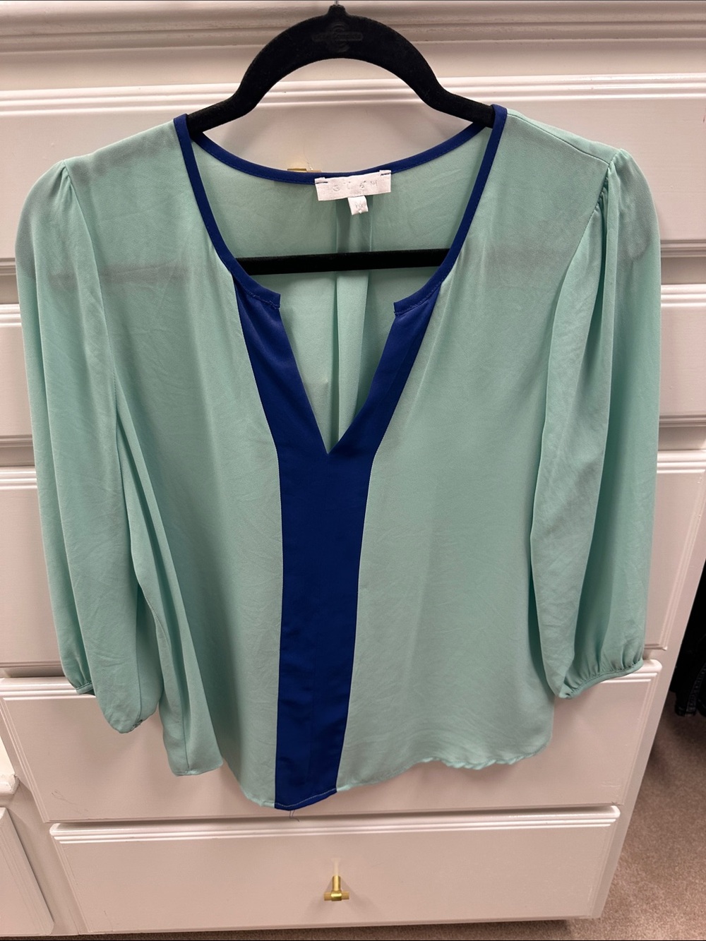 glam Mint Green Blouse with Navy Center Panel